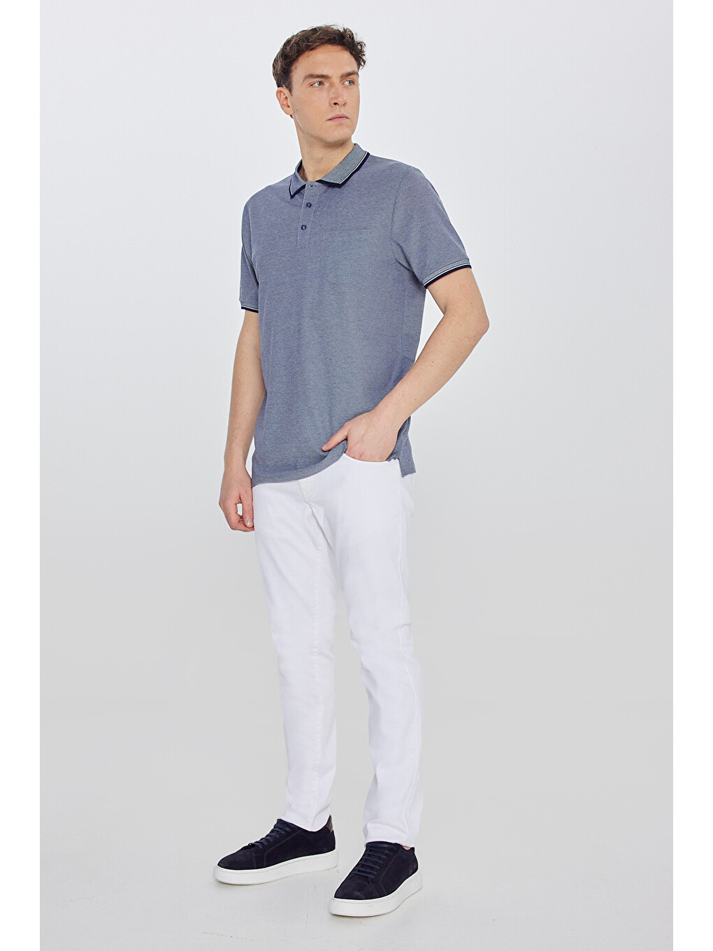 Erkek Lacivert Pamuklu Comfort Fit Rahat Kesim Polo Yaka Cepli Tişört-5