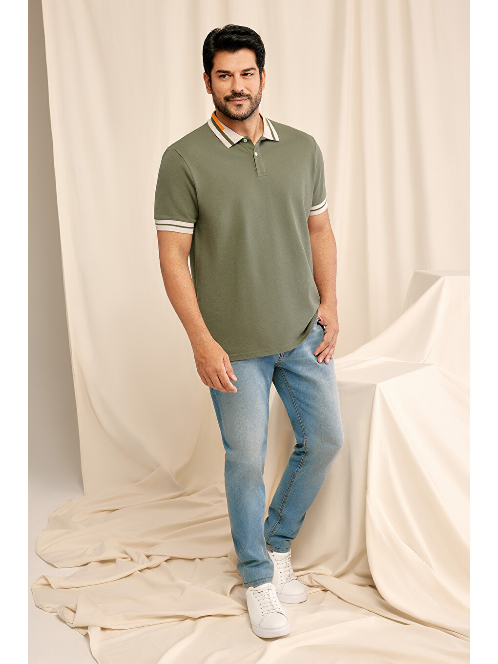 Erkek Haki Slim Fit Dar Kesim %100 Pamuk Polo Yaka Tişört-5