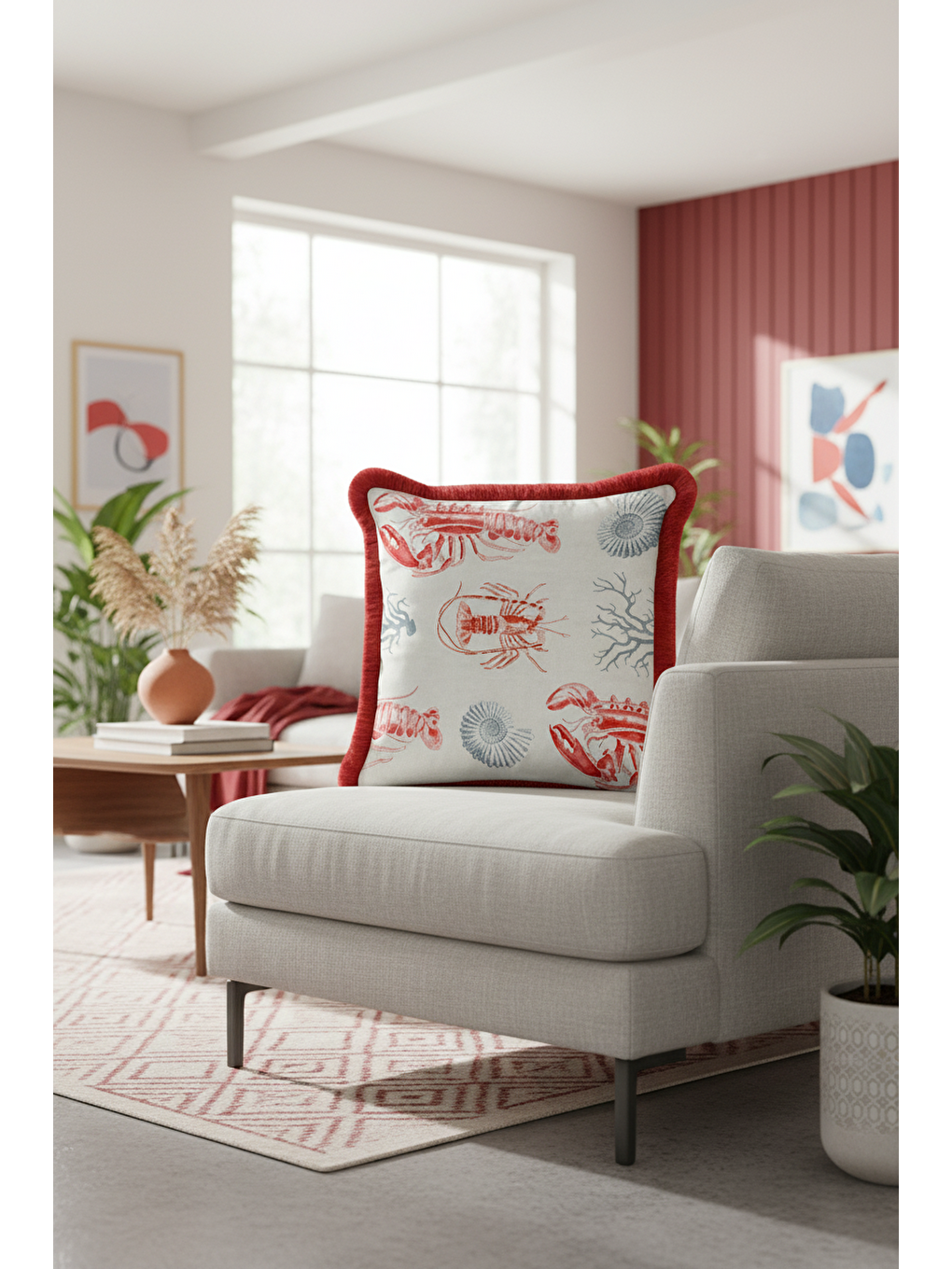 Karışık Lobster Marine Elegance Saçaklı Yastık Kılıfı - Akdeniz Sahili Kırmızı Mavi Püsküllü Kırlent Kılıfı-1