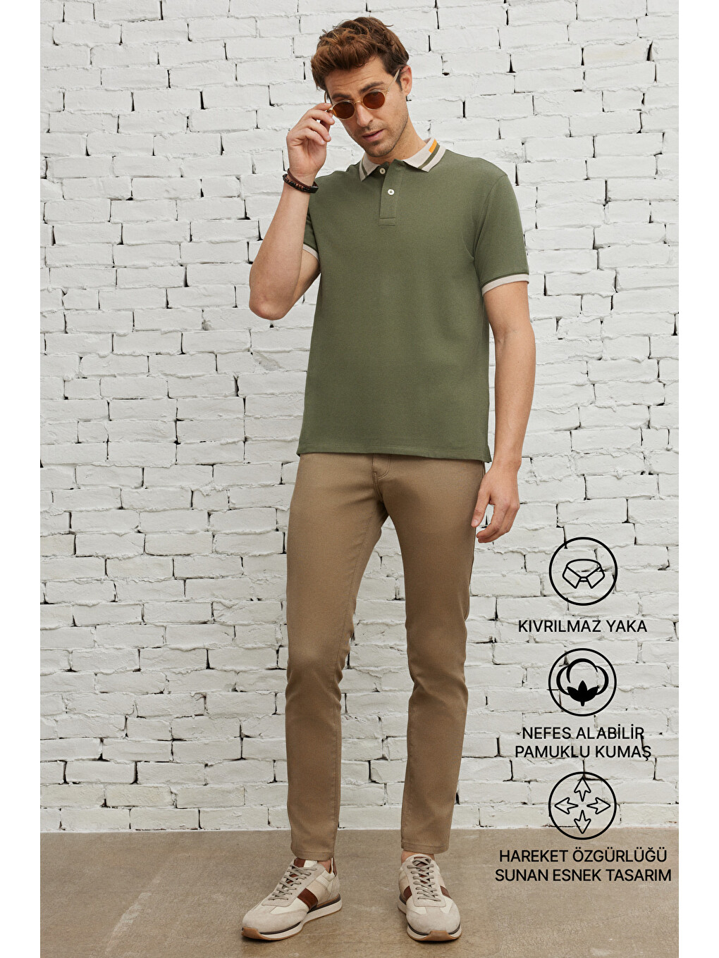Erkek Haki Slim Fit Dar Kesim %100 Pamuk Polo Yaka Tişört-6