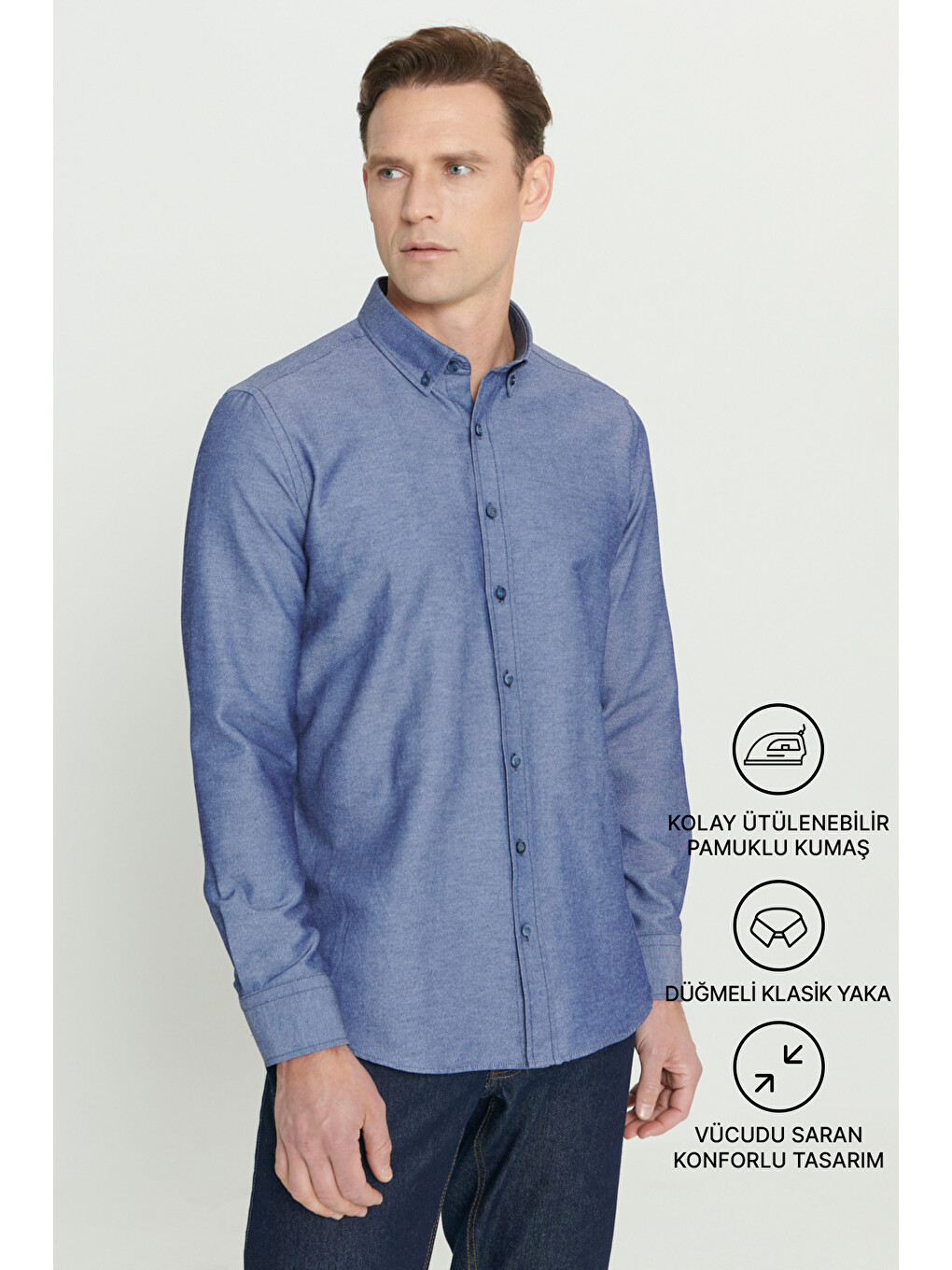 Erkek Lacivert Tailored Slim Fit Dar Kesim Düğmeli Yaka Oxford Gömlek-2