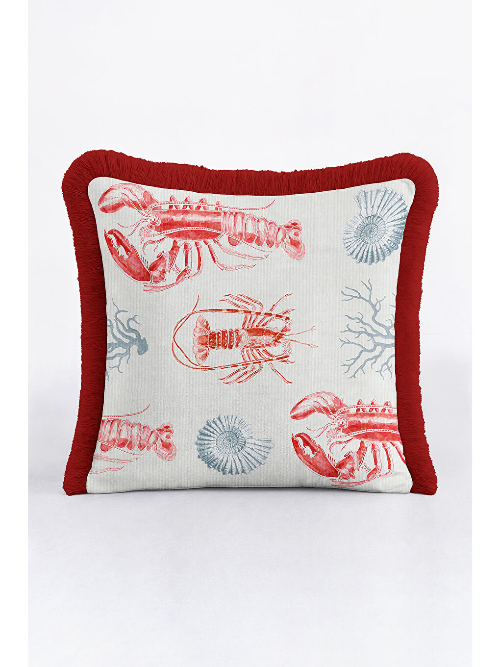 Karışık Lobster Marine Elegance Saçaklı Yastık Kılıfı - Akdeniz Sahili Kırmızı Mavi Püsküllü Kırlent Kılıfı-2