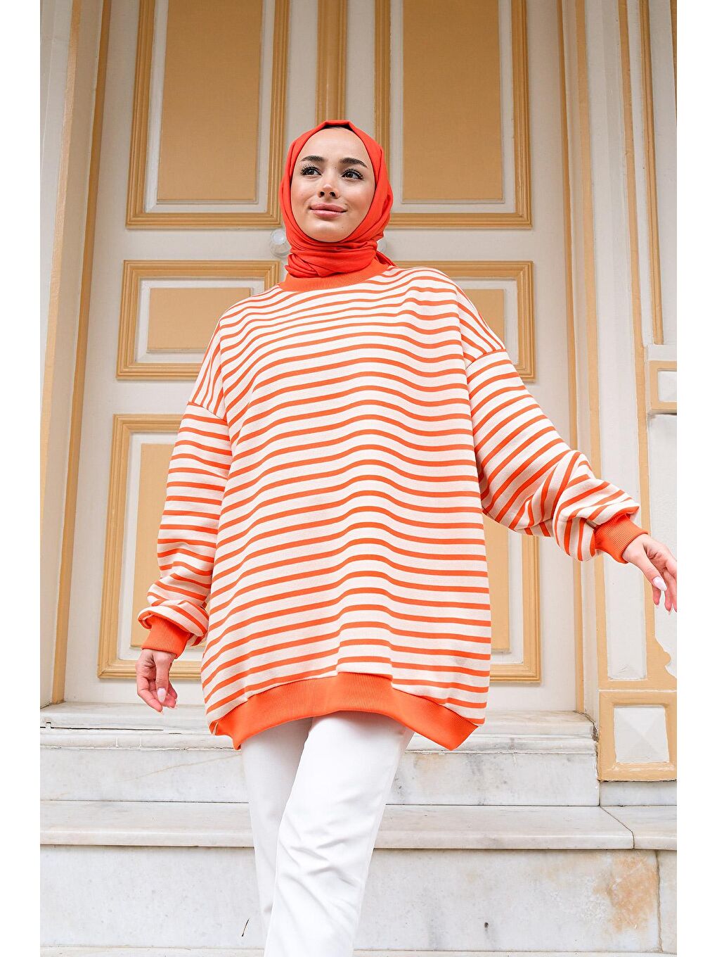 Kadın Çizgili Sweat Turuncu-1