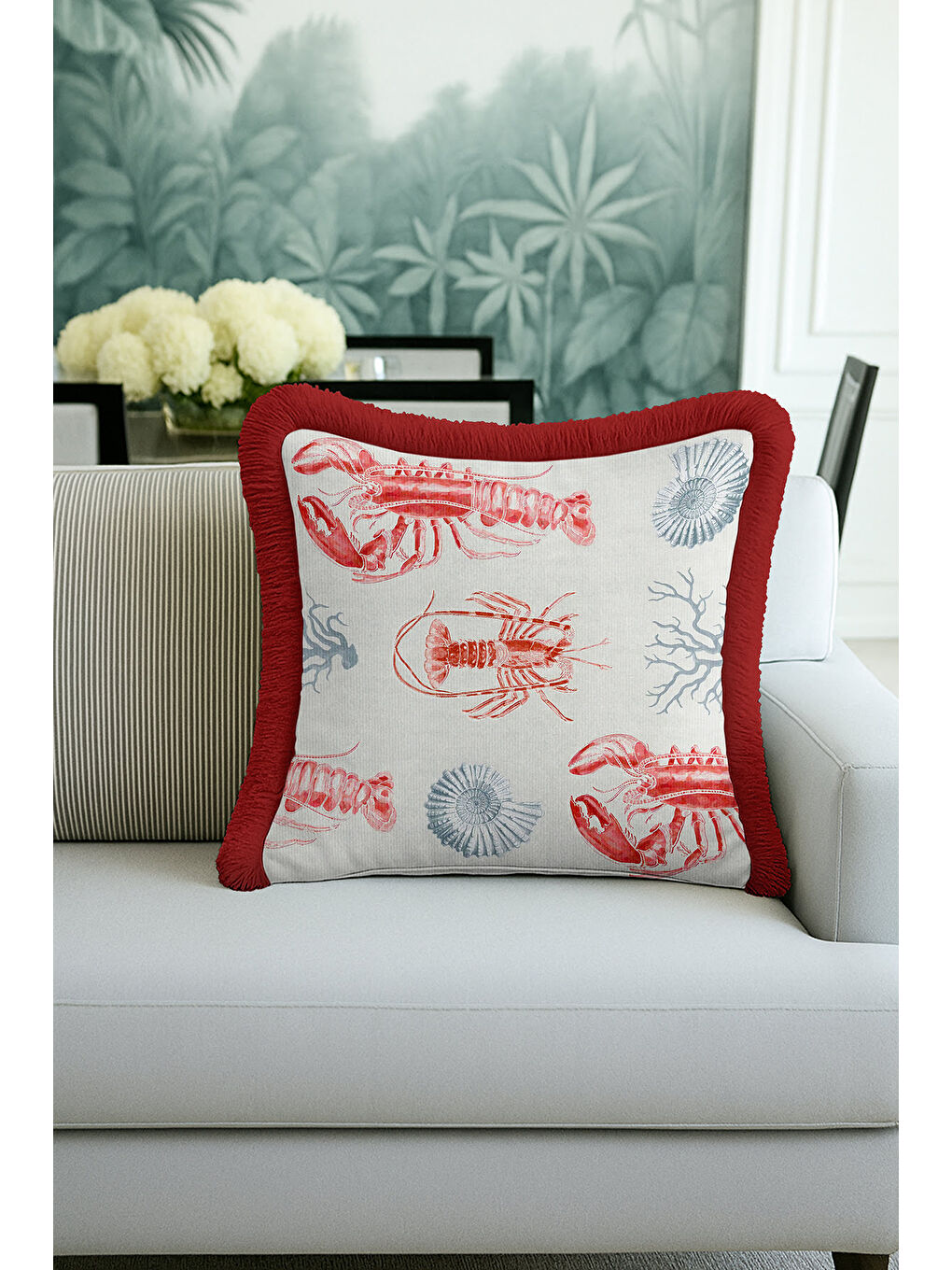 Karışık Lobster Marine Elegance Saçaklı Yastık Kılıfı - Akdeniz Sahili Kırmızı Mavi Püsküllü Kırlent Kılıfı-3