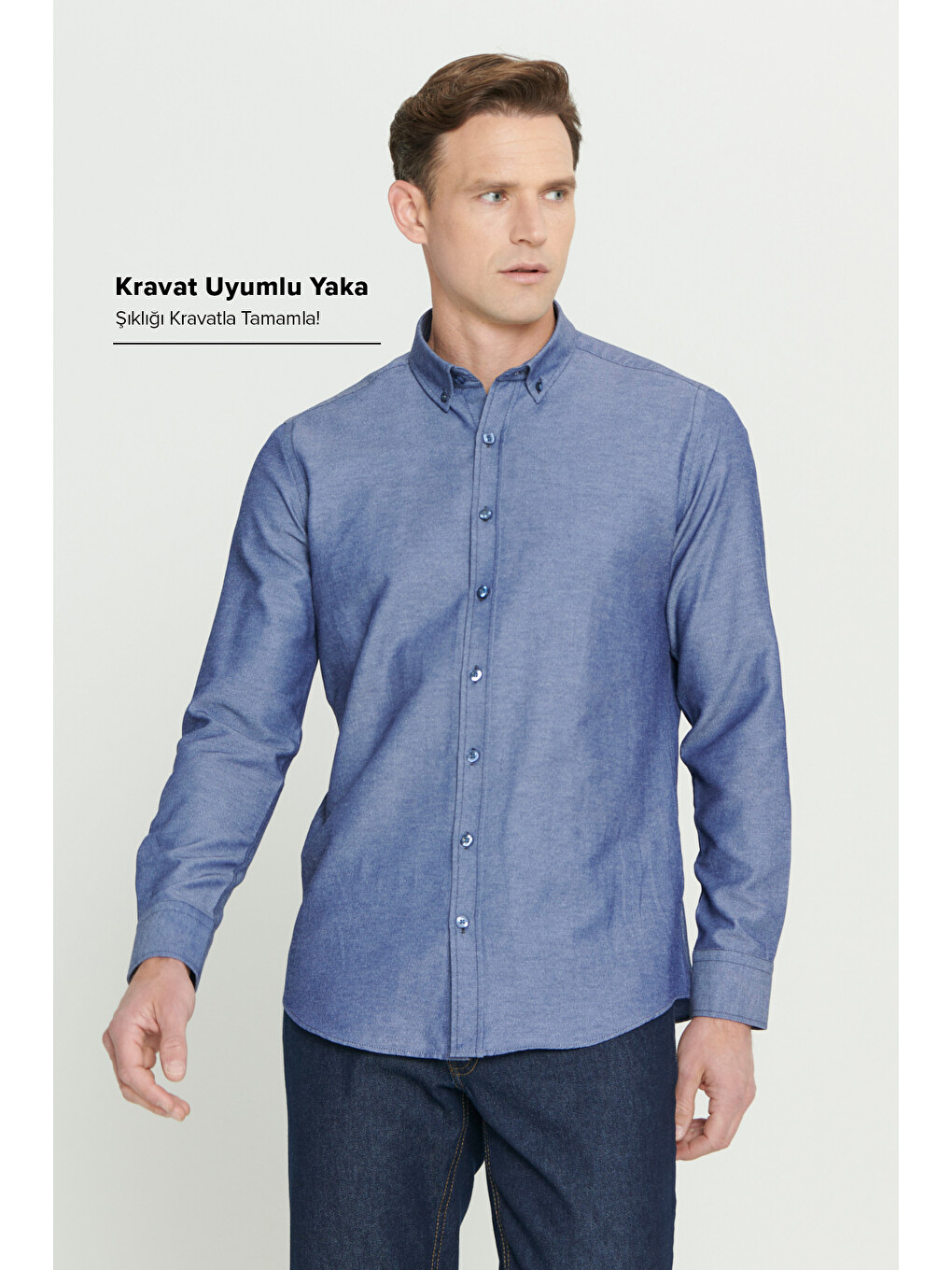 Erkek Lacivert Tailored Slim Fit Dar Kesim Düğmeli Yaka Oxford Gömlek-3