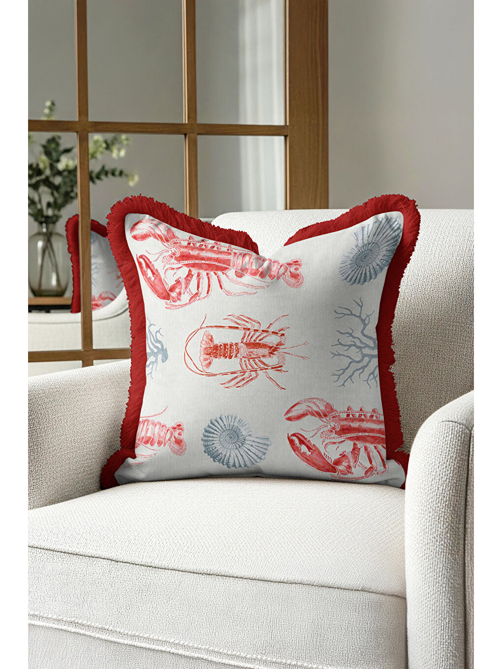 Karışık Lobster Marine Elegance Saçaklı Yastık Kılıfı - Akdeniz Sahili Kırmızı Mavi Püsküllü Kırlent Kılıfı-4