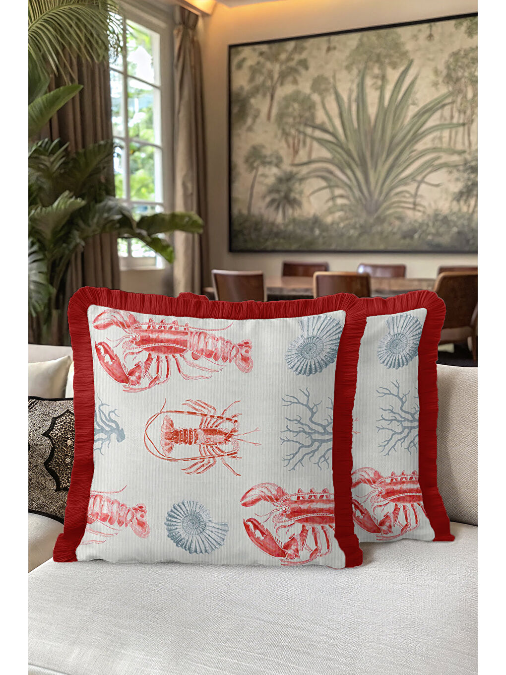 Karışık Lobster Marine Elegance Saçaklı Yastık Kılıfı - Akdeniz Sahili Kırmızı Mavi Püsküllü Kırlent Kılıfı-5
