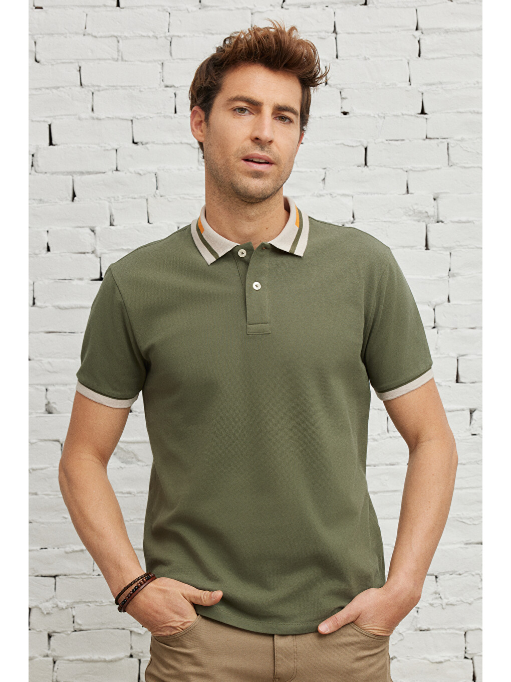 Erkek Haki Slim Fit Dar Kesim %100 Pamuk Polo Yaka Tişört-8