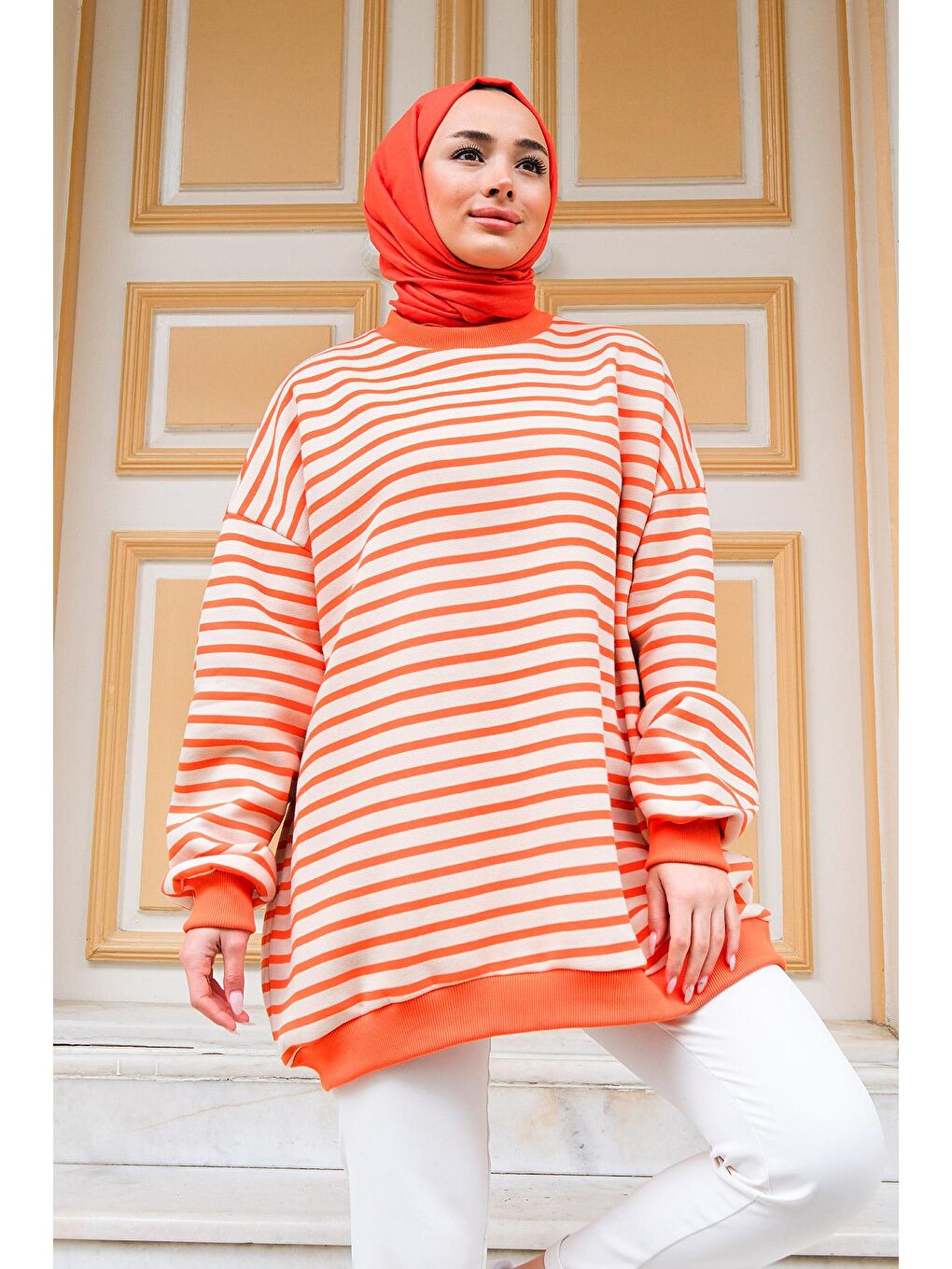 Kadın Çizgili Sweat Turuncu-2