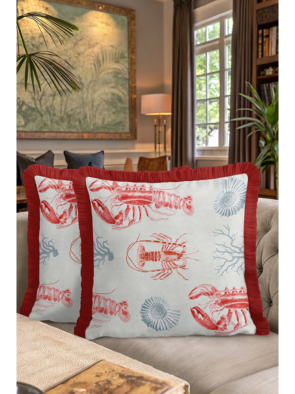 Karışık Lobster Marine Elegance Saçaklı Yastık Kılıfı - Akdeniz Sahili Kırmızı Mavi Püsküllü Kırlent Kılıfı-7