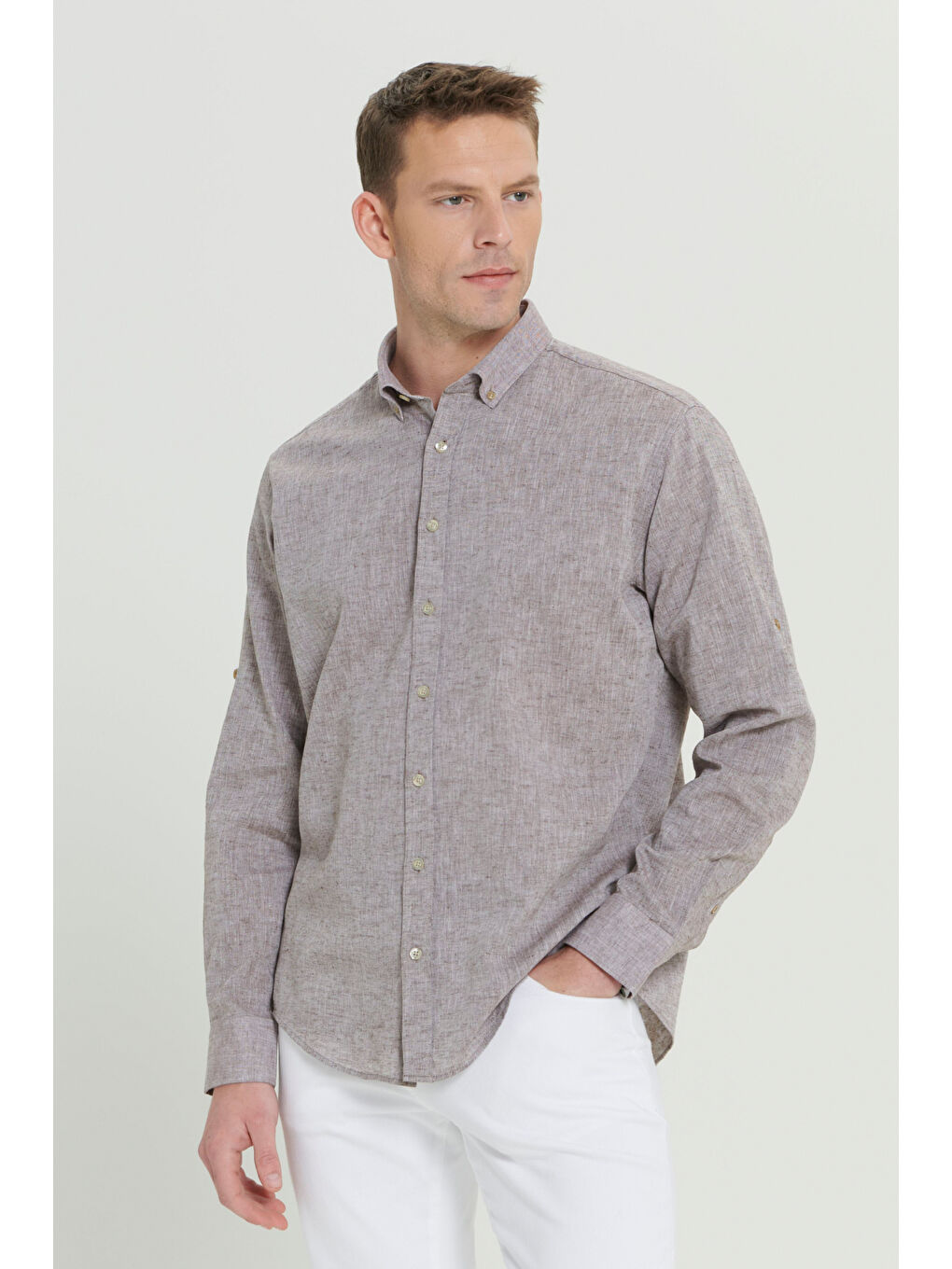 Erkek Kahverengi Comfort Fit Rahat Kesim Düğmeli Yaka Casual Keten Gömlek-5