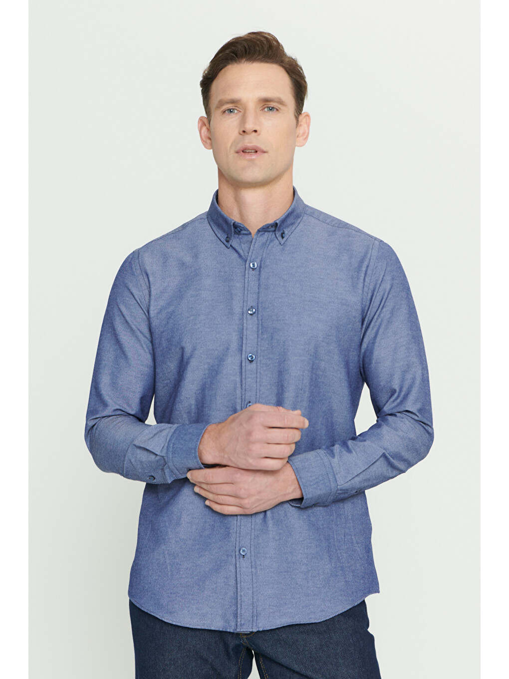 Erkek Lacivert Tailored Slim Fit Dar Kesim Düğmeli Yaka Oxford Gömlek-5