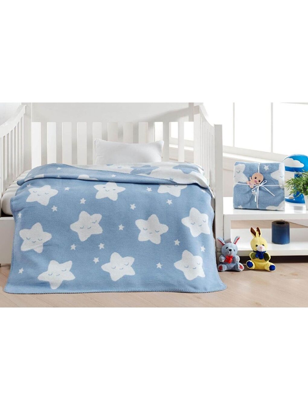 Pamuklu Bebek Battaniye Star Açık Mavi