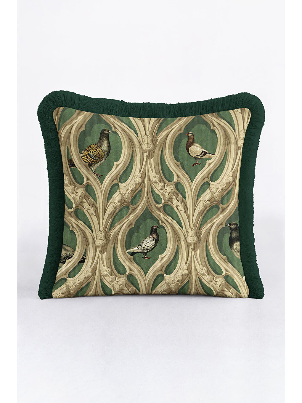 Karışık Gotik Kuş Figürlü Saçaklı Yastık Kılıfı - Viktoryen Kemerli Yeşil Eklektik Püsküllü Kırlent Kılıfı-1
