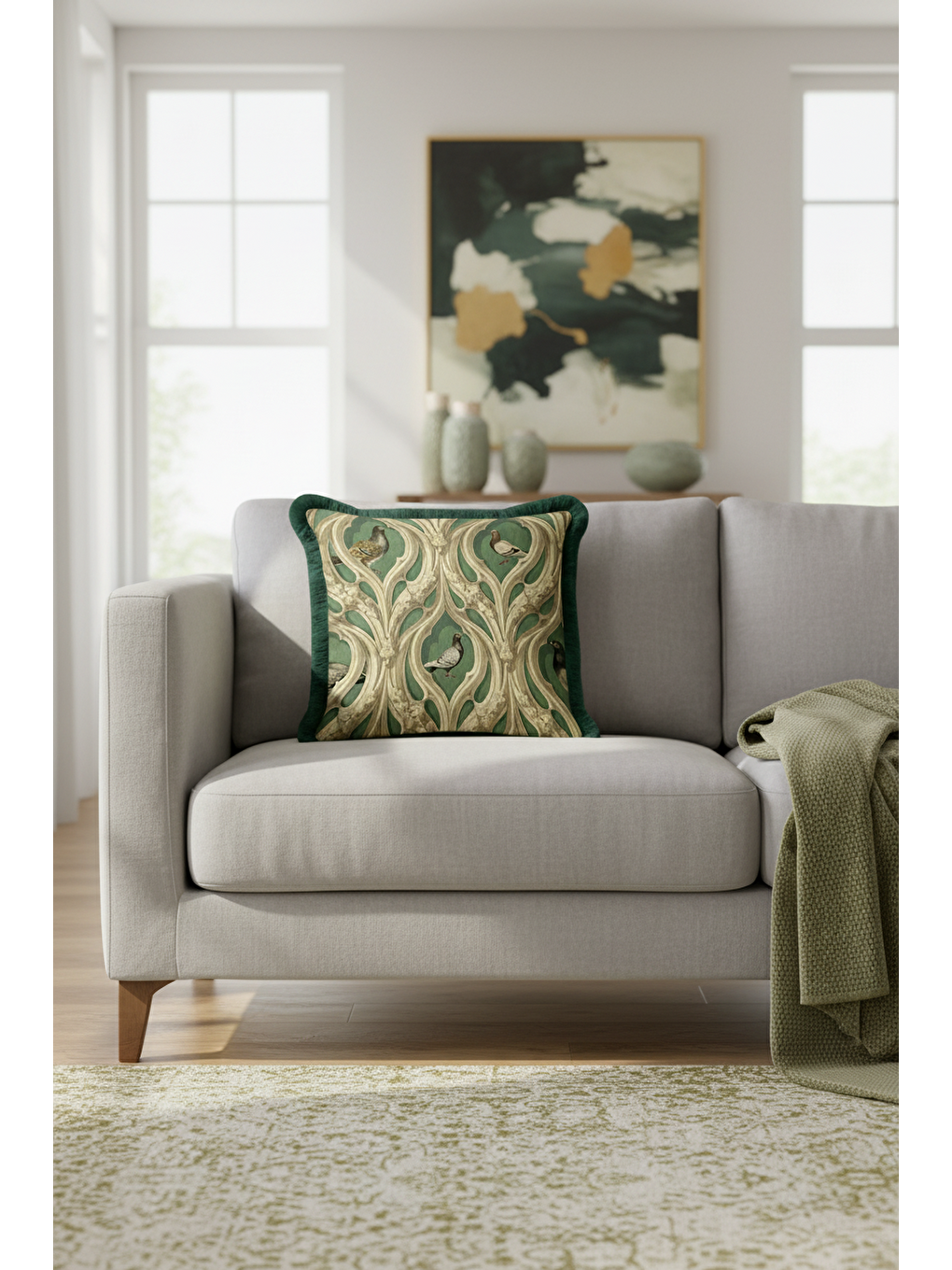 Karışık Gotik Kuş Figürlü Saçaklı Yastık Kılıfı - Viktoryen Kemerli Yeşil Eklektik Püsküllü Kırlent Kılıfı-2