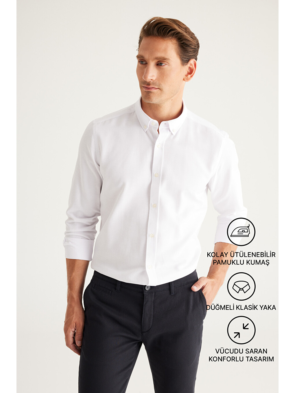 Erkek Beyaz Tailored Slim Fit Dar Kesim Düğmeli Yaka Oxford Gömlek