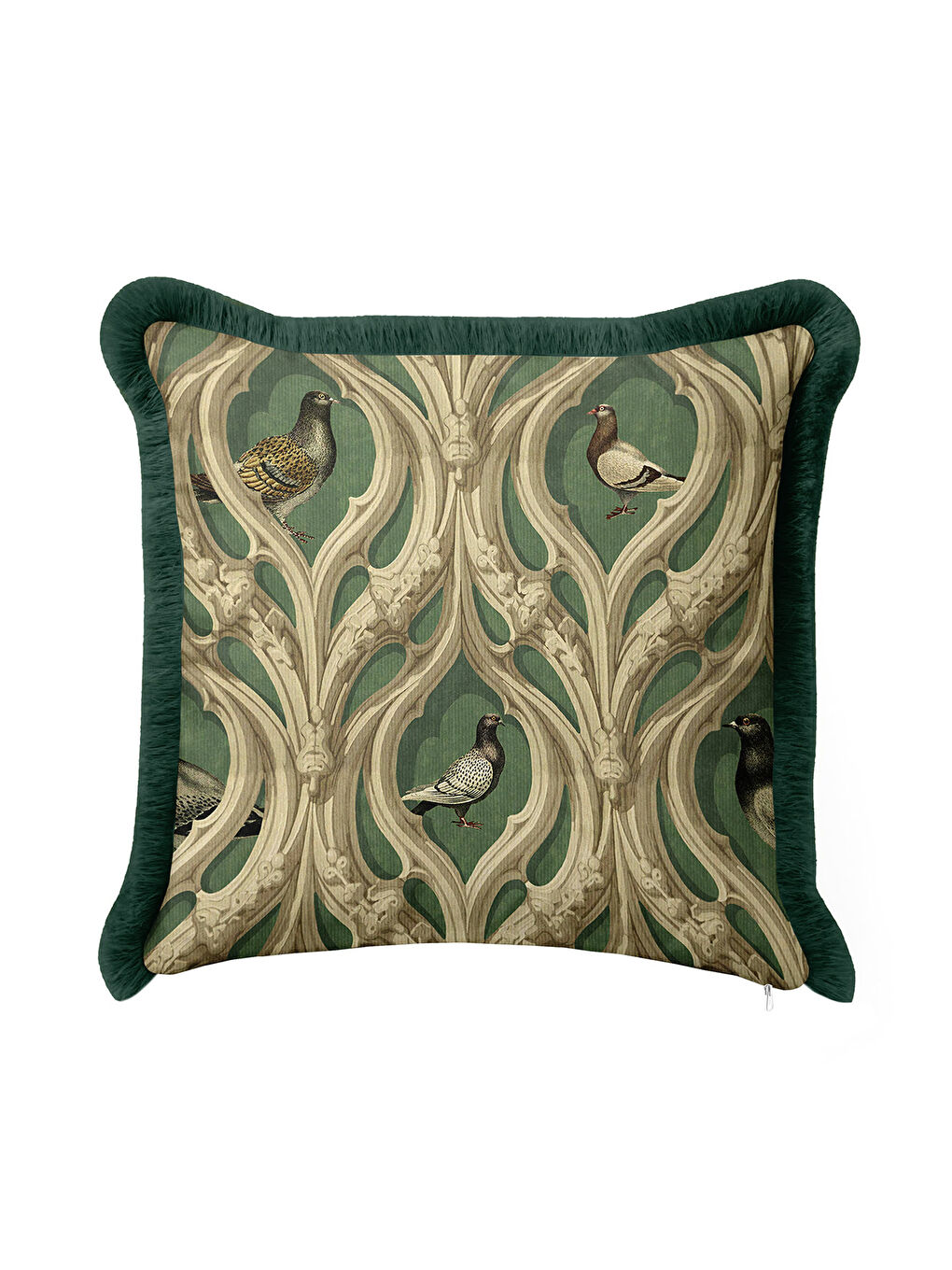 Karışık Gotik Kuş Figürlü Saçaklı Yastık Kılıfı - Viktoryen Kemerli Yeşil Eklektik Püsküllü Kırlent Kılıfı-3