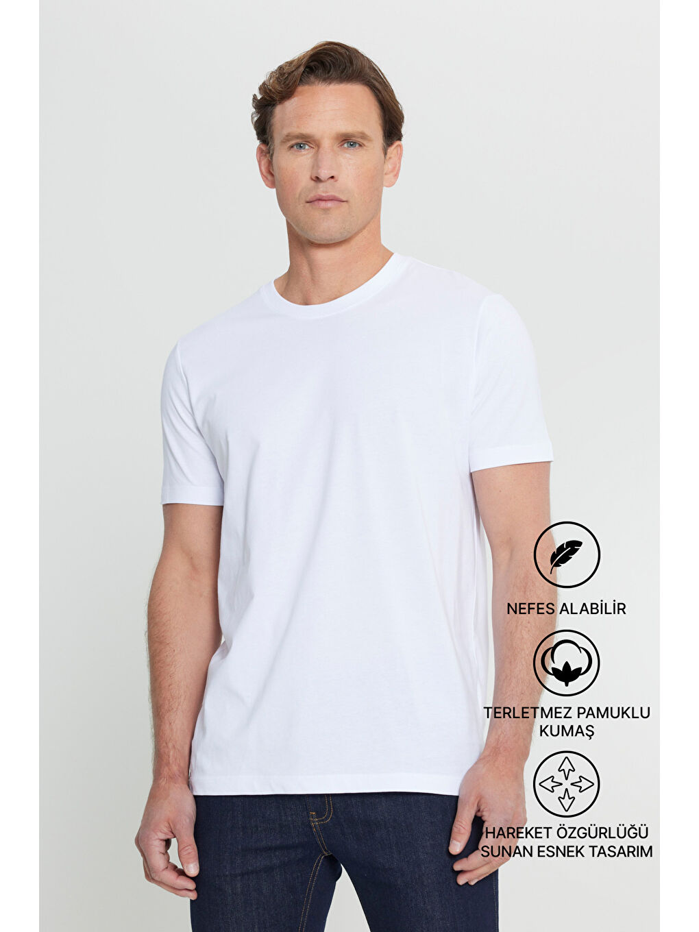 Erkek Beyaz Slim Fit Dar Kesim %100 Pamuk Bisiklet Yaka Kısa Kollu Tişört-1