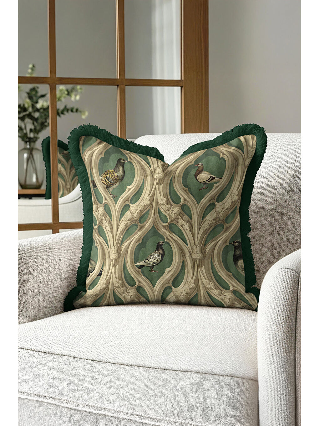 Karışık Gotik Kuş Figürlü Saçaklı Yastık Kılıfı - Viktoryen Kemerli Yeşil Eklektik Püsküllü Kırlent Kılıfı-4