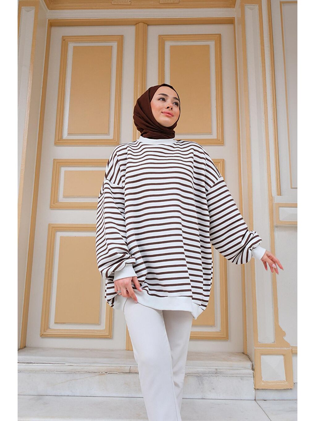 Kadın Çizgili Sweat Kahverengi