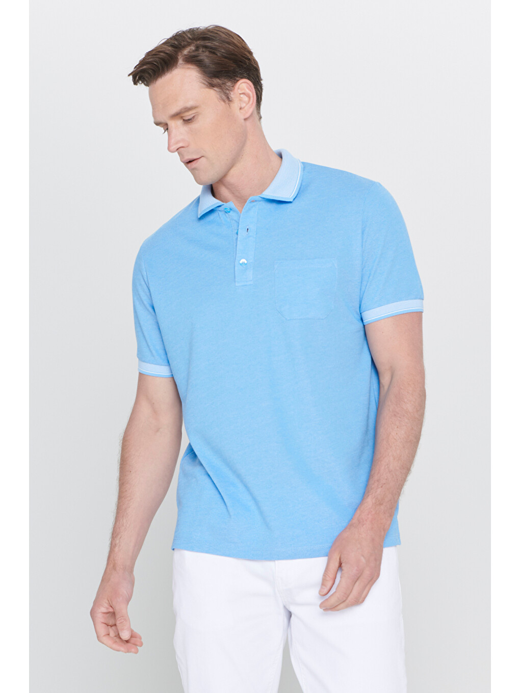 Erkek Mavi Pamuklu Comfort Fit Rahat Kesim Polo Yaka Cepli Tişört-1