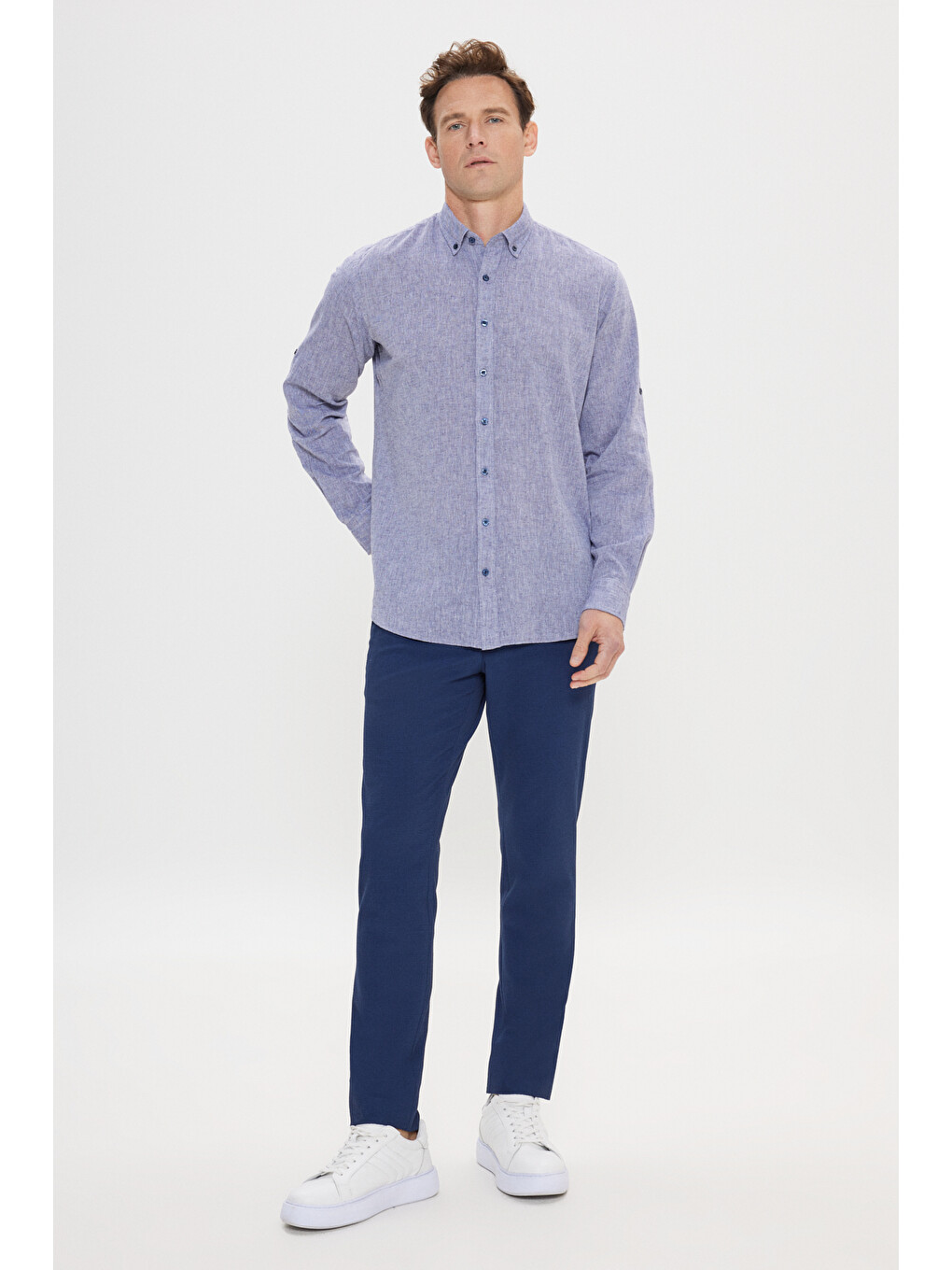 Erkek Lacivert Comfort Fit Rahat Kesim Düğmeli Yaka Casual Keten Gömlek-4