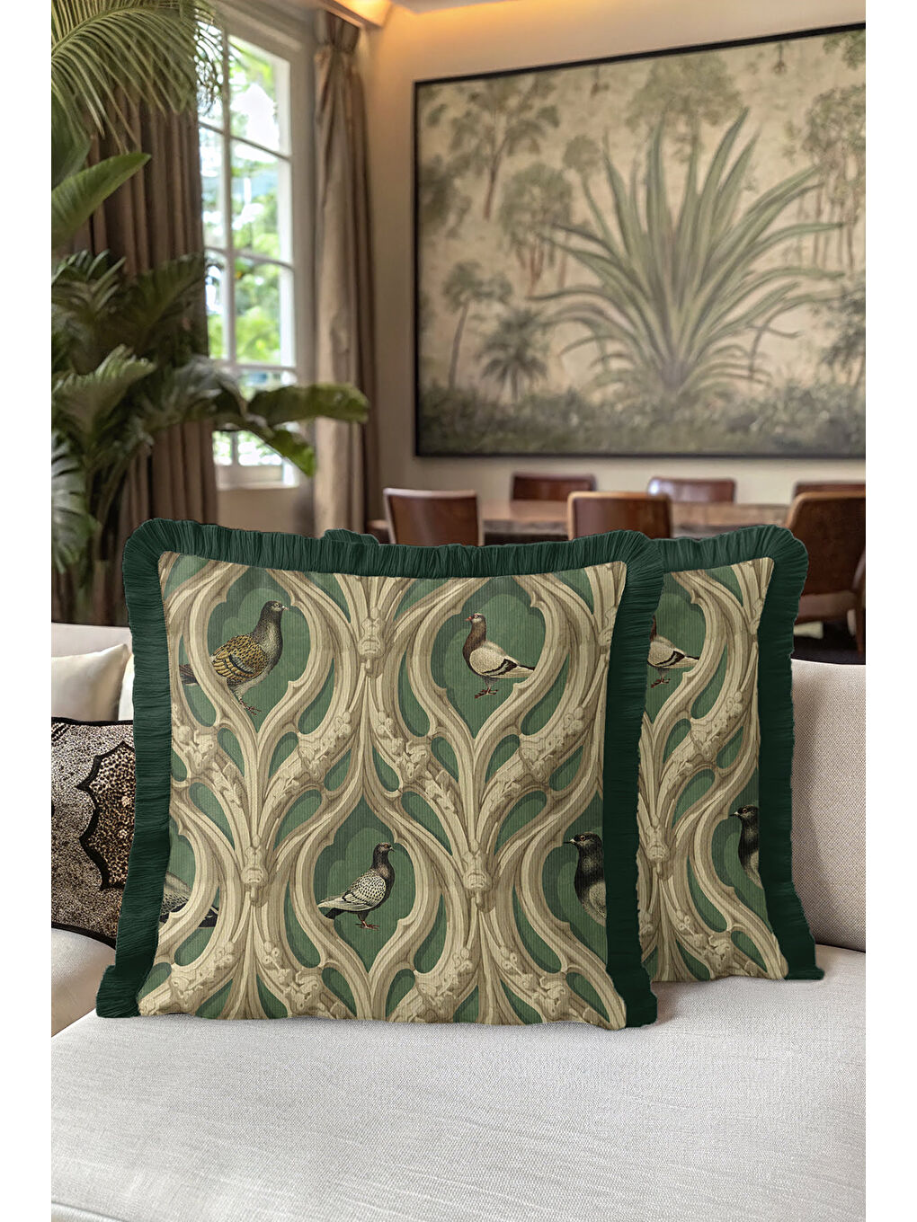 Karışık Gotik Kuş Figürlü Saçaklı Yastık Kılıfı - Viktoryen Kemerli Yeşil Eklektik Püsküllü Kırlent Kılıfı-5