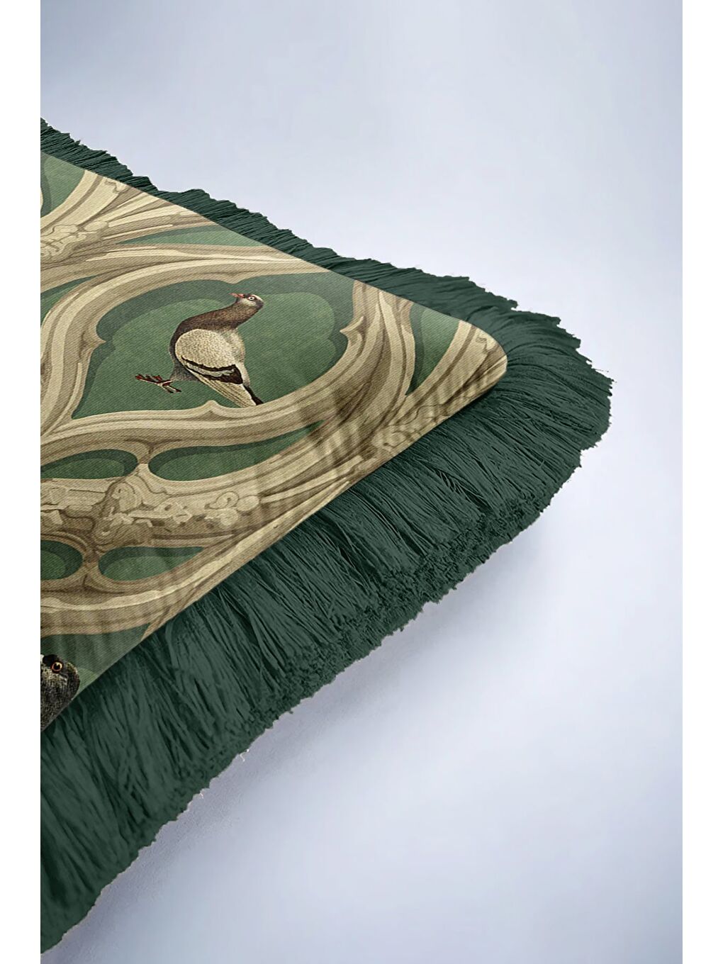 Karışık Gotik Kuş Figürlü Saçaklı Yastık Kılıfı - Viktoryen Kemerli Yeşil Eklektik Püsküllü Kırlent Kılıfı-6