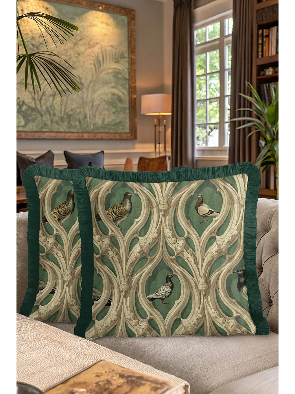Karışık Gotik Kuş Figürlü Saçaklı Yastık Kılıfı - Viktoryen Kemerli Yeşil Eklektik Püsküllü Kırlent Kılıfı-7