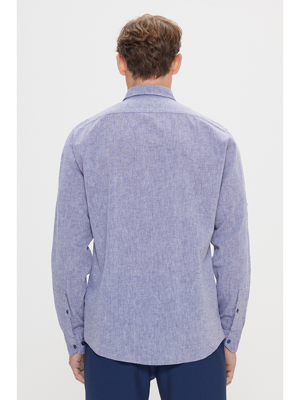 Erkek Lacivert Comfort Fit Rahat Kesim Düğmeli Yaka Casual Keten Gömlek-5