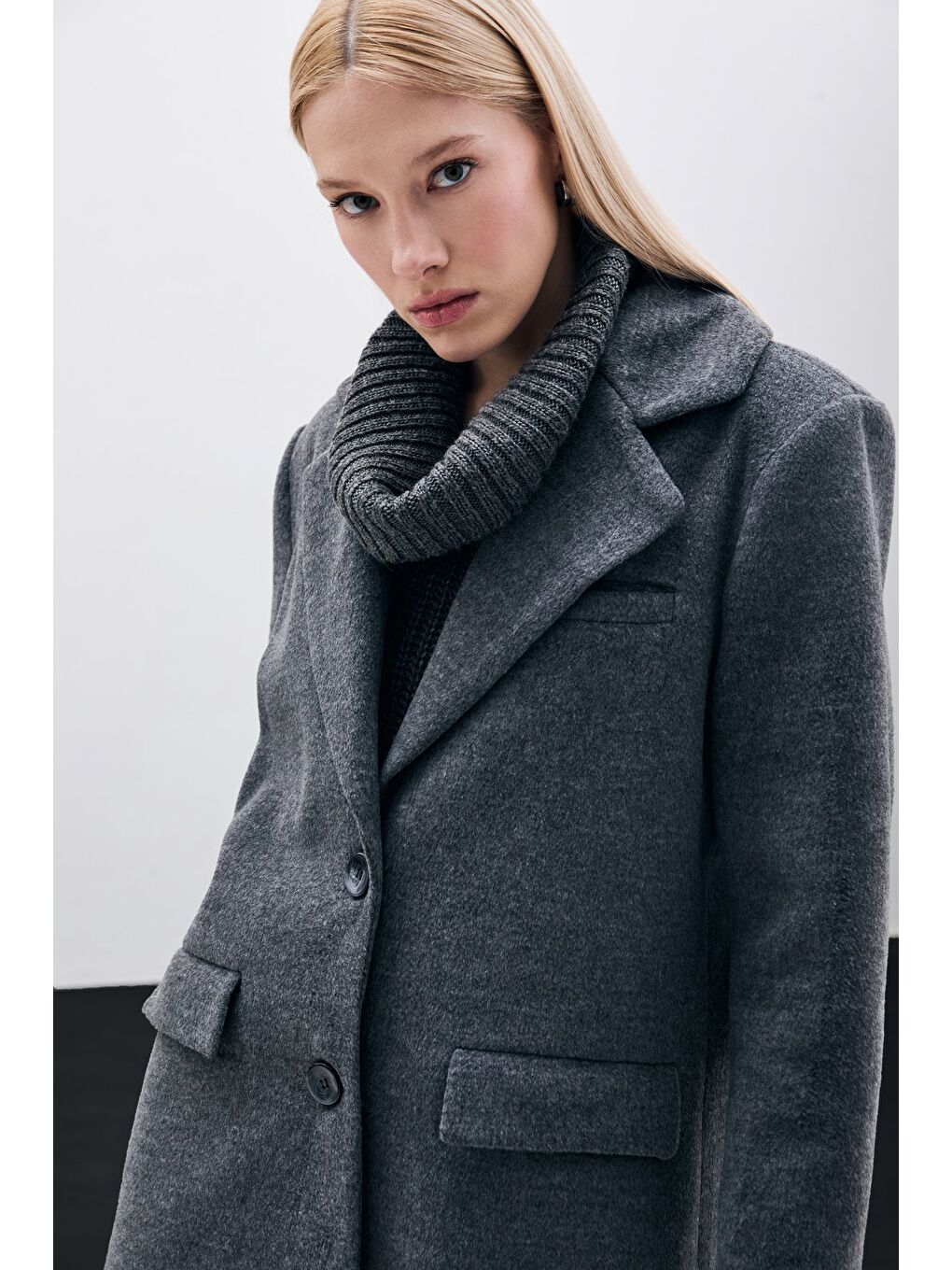 Düğmeli Kaşe Ceket - Siyah-5