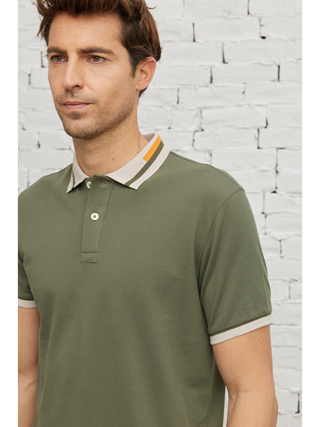 Erkek Haki Slim Fit Dar Kesim %100 Pamuk Polo Yaka Tişört-11