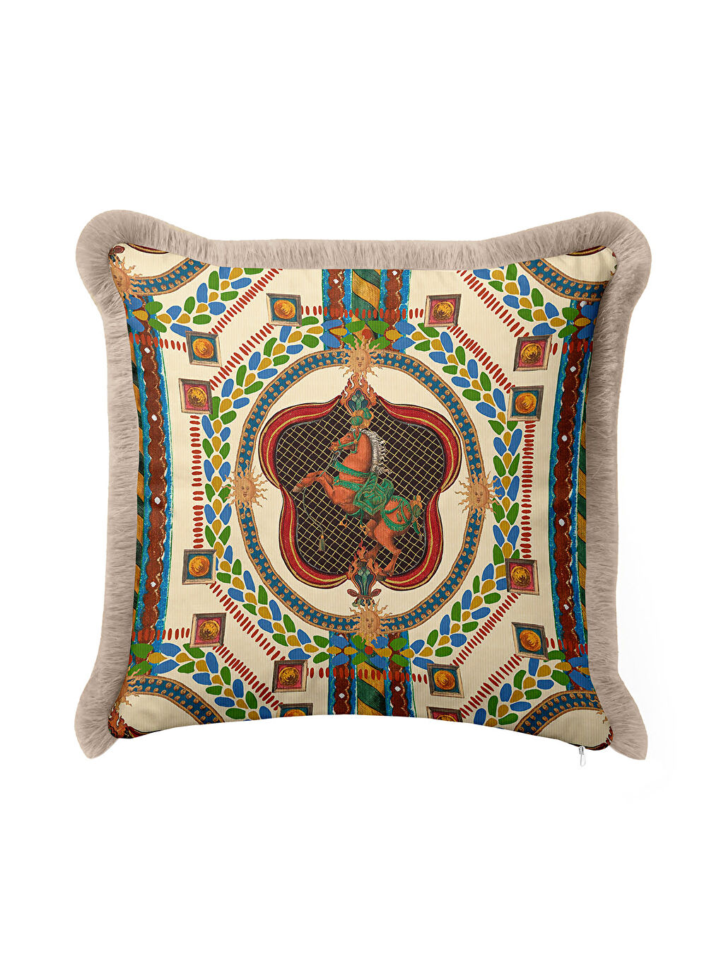 Karışık Saray Esintili Lüks Saçaklı Yastık Kılıfı - At Figürü Klasik Bohem Bej Altın Püsküllü Kırlent Kılıfı