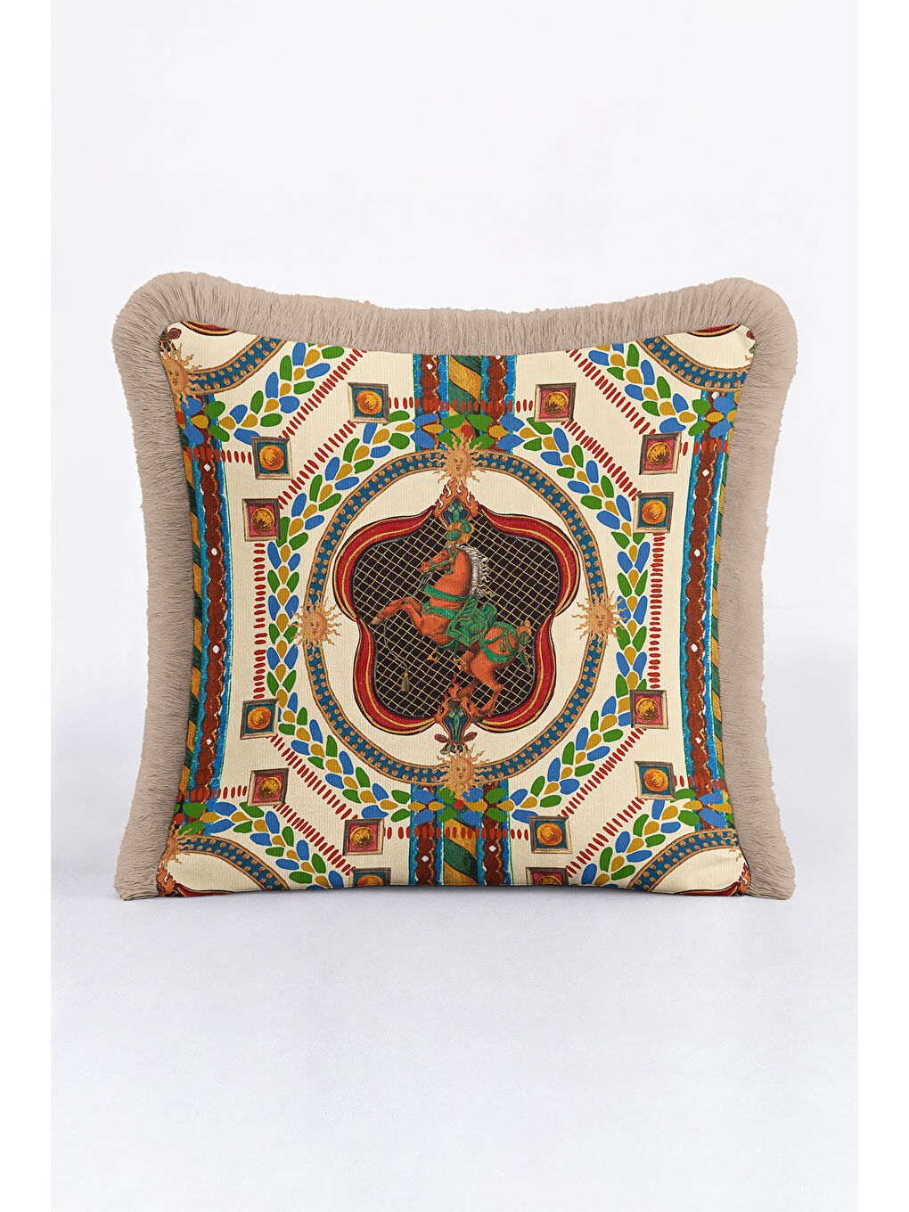 Karışık Saray Esintili Lüks Saçaklı Yastık Kılıfı - At Figürü Klasik Bohem Bej Altın Püsküllü Kırlent Kılıfı-1