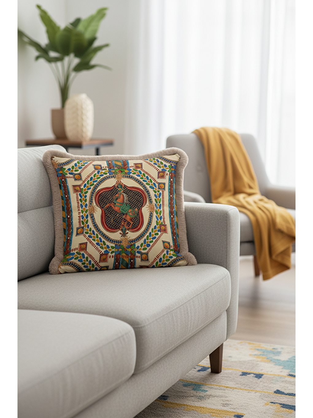 Karışık Saray Esintili Lüks Saçaklı Yastık Kılıfı - At Figürü Klasik Bohem Bej Altın Püsküllü Kırlent Kılıfı-2