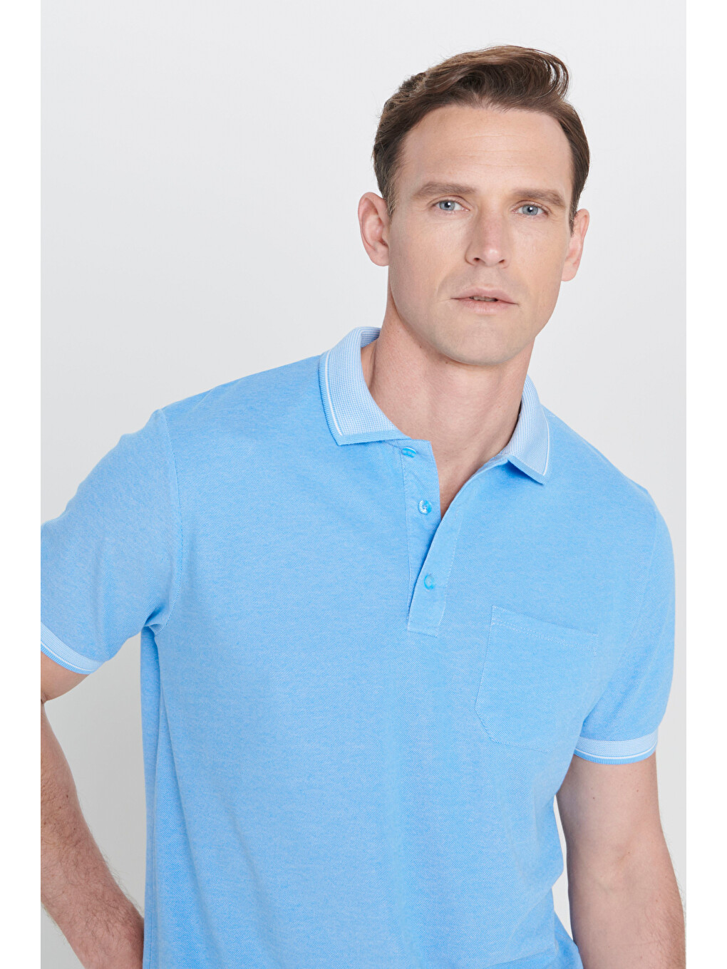 Erkek Mavi Pamuklu Comfort Fit Rahat Kesim Polo Yaka Cepli Tişört-4