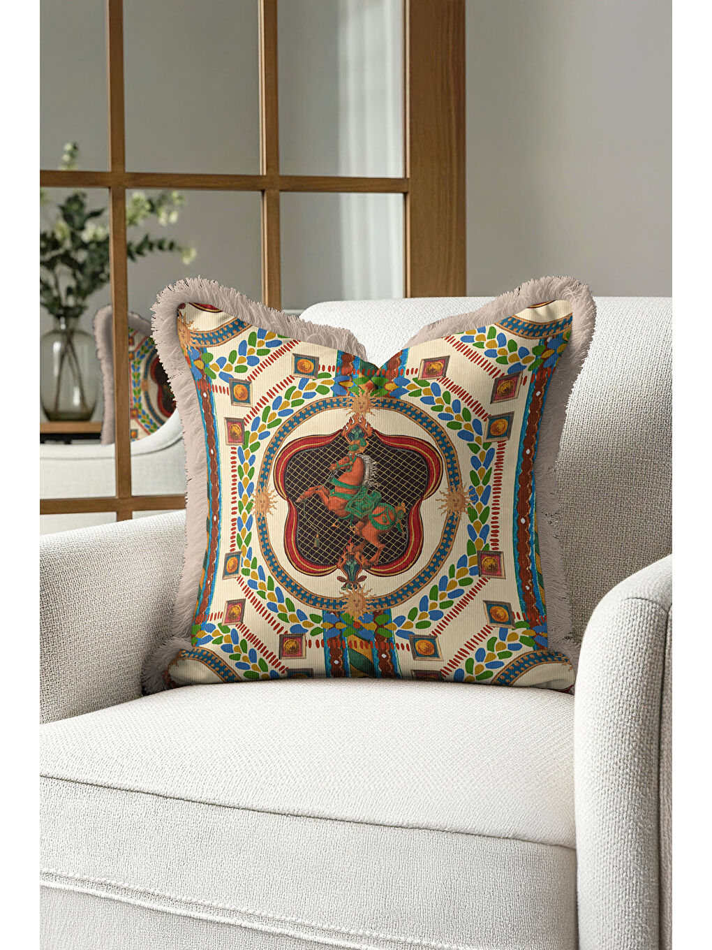 Karışık Saray Esintili Lüks Saçaklı Yastık Kılıfı - At Figürü Klasik Bohem Bej Altın Püsküllü Kırlent Kılıfı-3