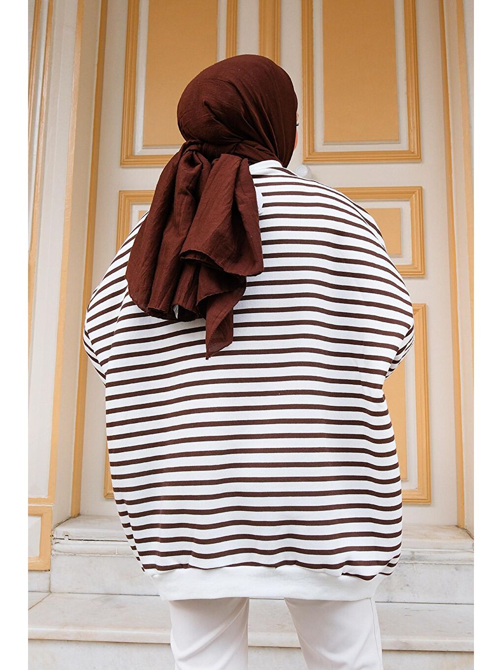 Kadın Çizgili Sweat Kahverengi-4