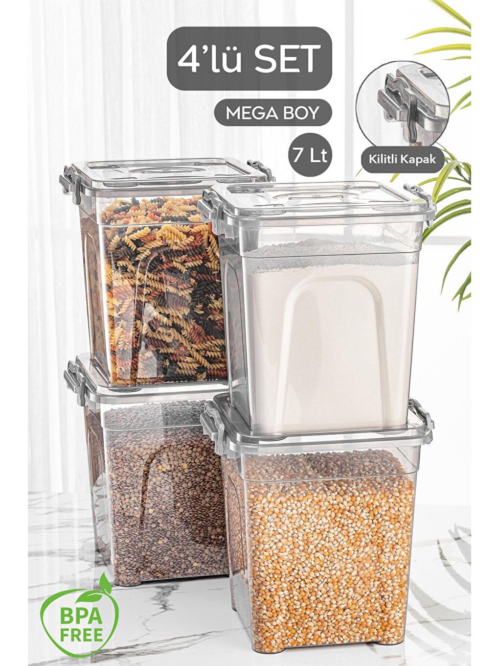 Antrasit 4'lü Mega Boy Kilitli Kapaklı Un ve Bakliyat Saklama Kabı 4x7 lt