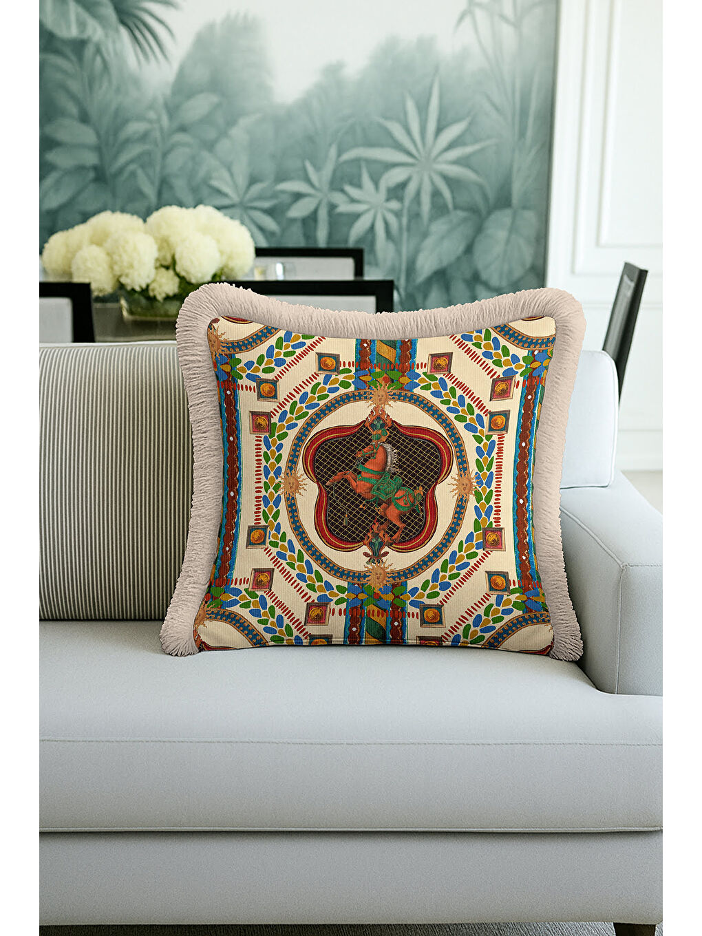 Karışık Saray Esintili Lüks Saçaklı Yastık Kılıfı - At Figürü Klasik Bohem Bej Altın Püsküllü Kırlent Kılıfı-4