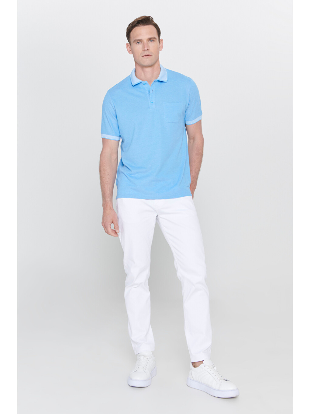 Erkek Mavi Pamuklu Comfort Fit Rahat Kesim Polo Yaka Cepli Tişört-5