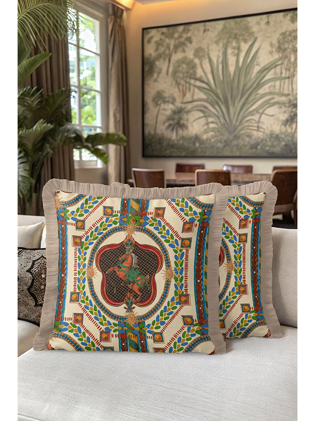 Karışık Saray Esintili Lüks Saçaklı Yastık Kılıfı - At Figürü Klasik Bohem Bej Altın Püsküllü Kırlent Kılıfı-5