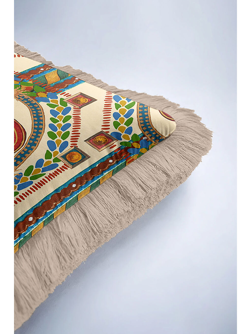 Karışık Saray Esintili Lüks Saçaklı Yastık Kılıfı - At Figürü Klasik Bohem Bej Altın Püsküllü Kırlent Kılıfı-6