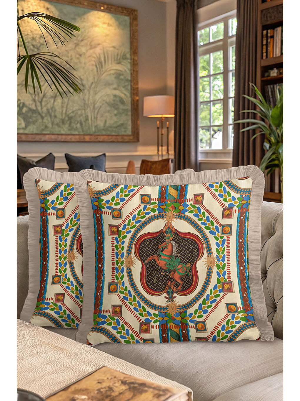 Karışık Saray Esintili Lüks Saçaklı Yastık Kılıfı - At Figürü Klasik Bohem Bej Altın Püsküllü Kırlent Kılıfı-7