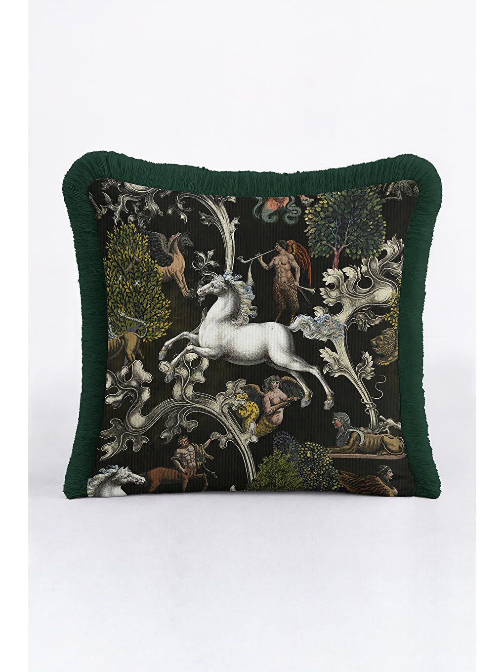 Karışık Mitolojik Lüks Saçaklı Yastık Kılıfı - Fantastik Orman Koyu Yeşil Bohem Püsküllü Kırlent Kılıfı
