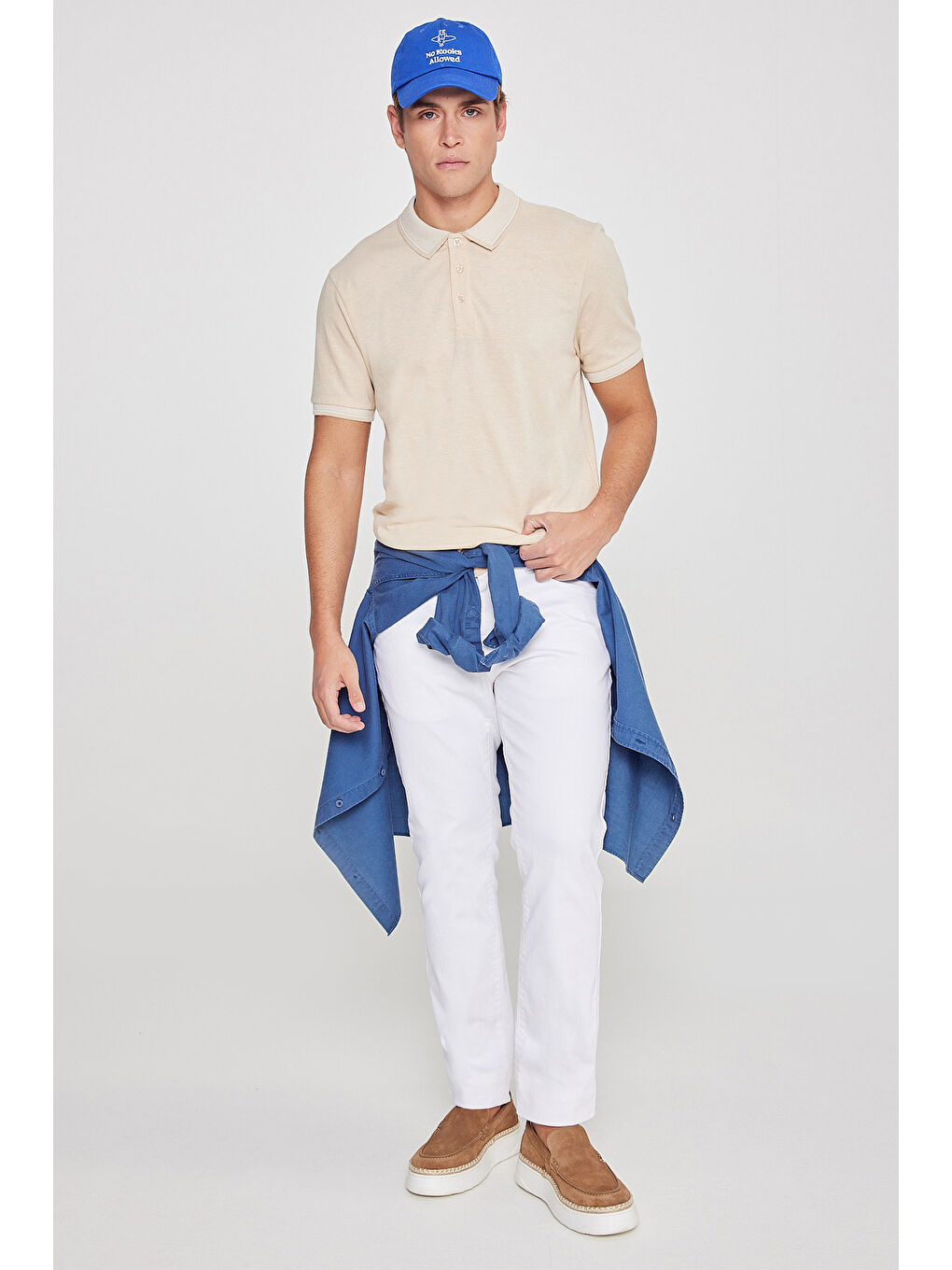 Erkek Açık Bej-Beyaz Slim Fit Dar Kesim Kıvrılmaz Polo Yaka Kısa Kollu Tişört-5