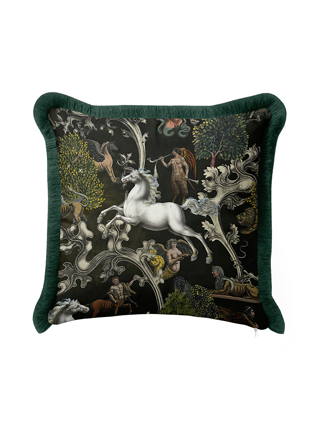 Karışık Mitolojik Lüks Saçaklı Yastık Kılıfı - Fantastik Orman Koyu Yeşil Bohem Püsküllü Kırlent Kılıfı-1