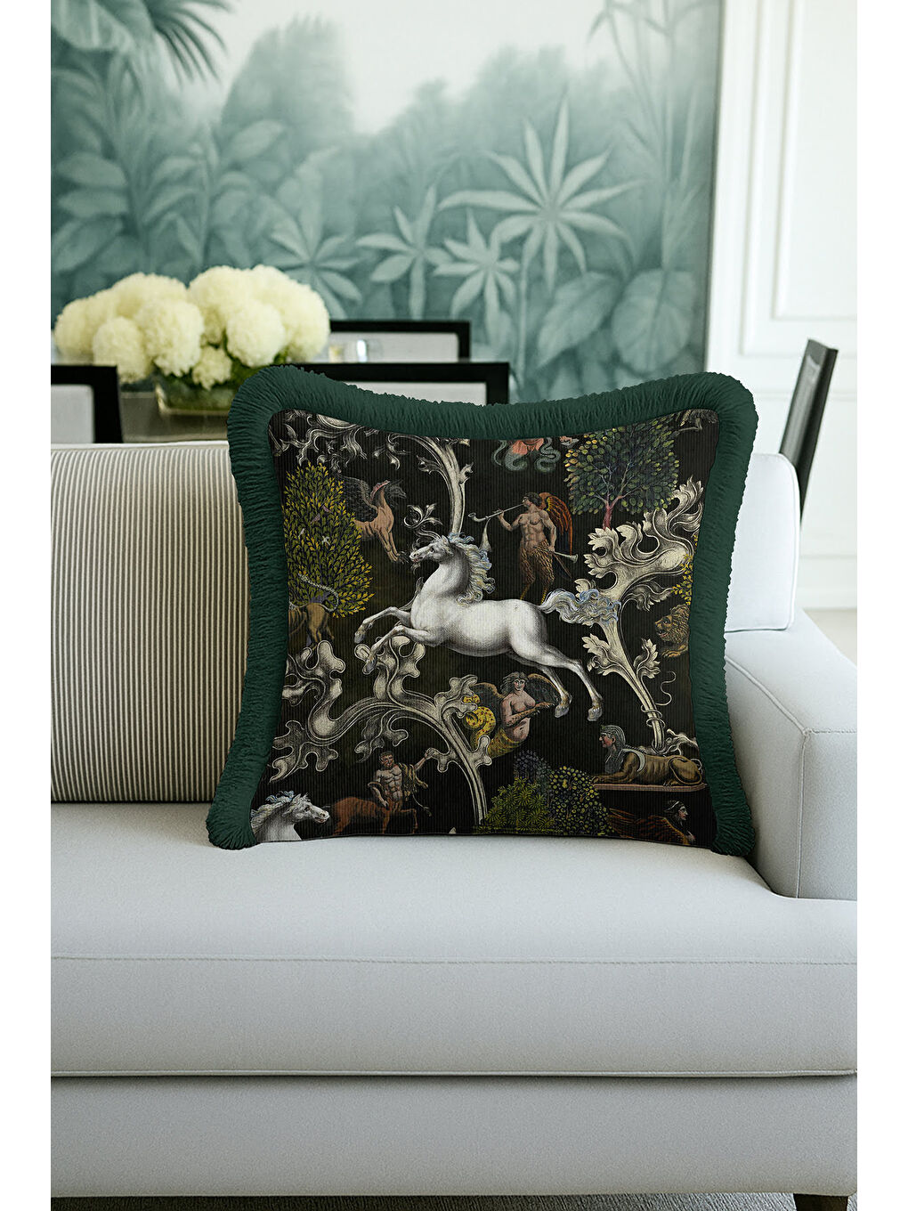 Karışık Mitolojik Lüks Saçaklı Yastık Kılıfı - Fantastik Orman Koyu Yeşil Bohem Püsküllü Kırlent Kılıfı-2