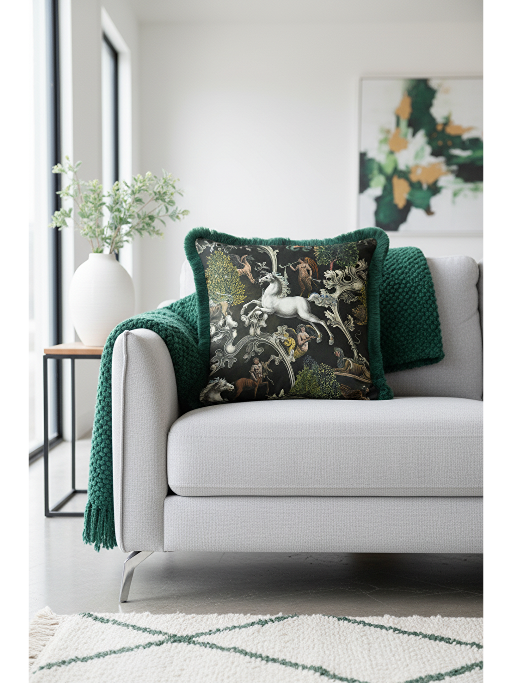 Karışık Mitolojik Lüks Saçaklı Yastık Kılıfı - Fantastik Orman Koyu Yeşil Bohem Püsküllü Kırlent Kılıfı-3