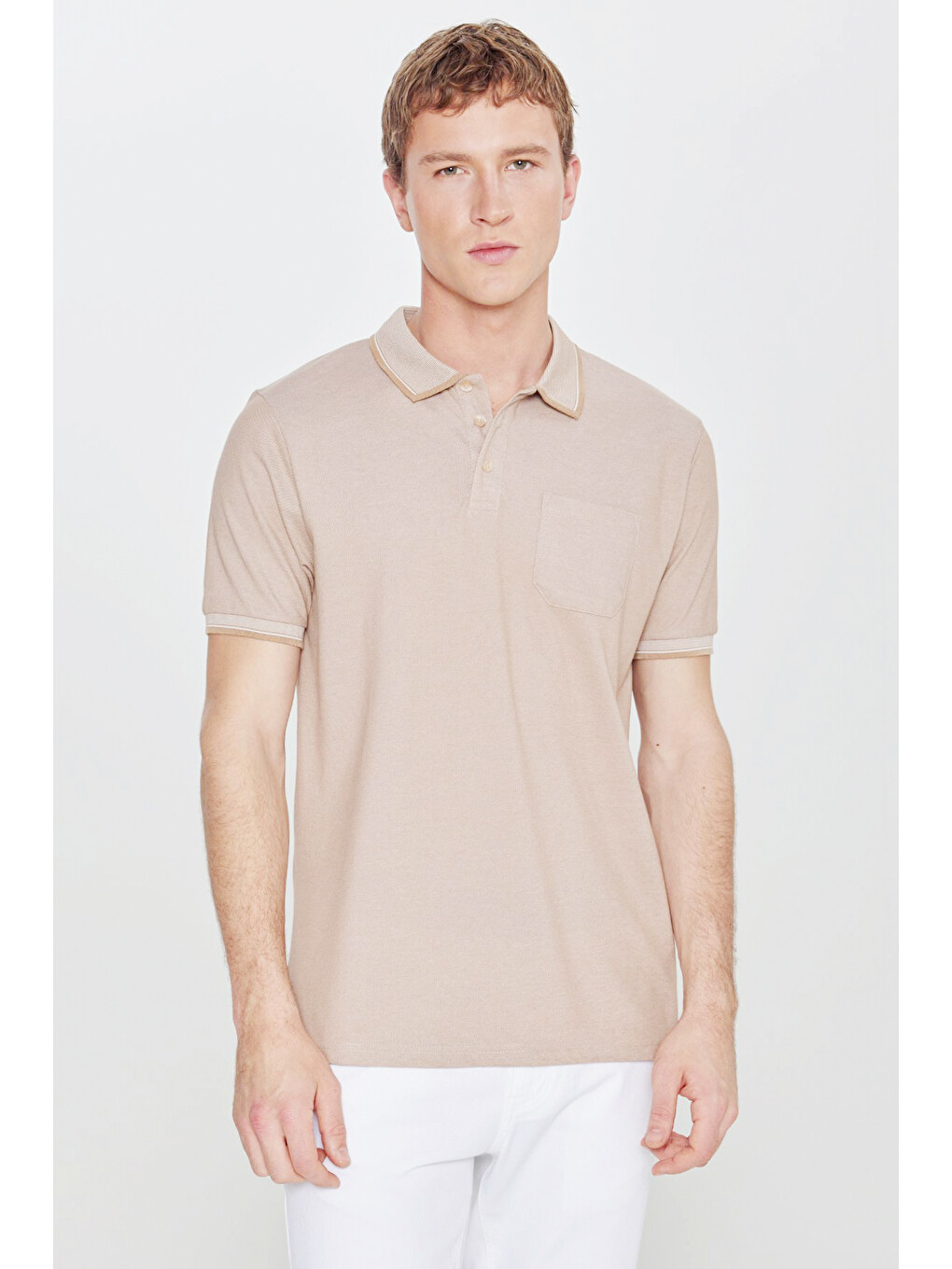 Bej Erkek Vizon Pamuklu Comfort Fit Rahat Kesim Polo Yaka Cepli Tişört-1